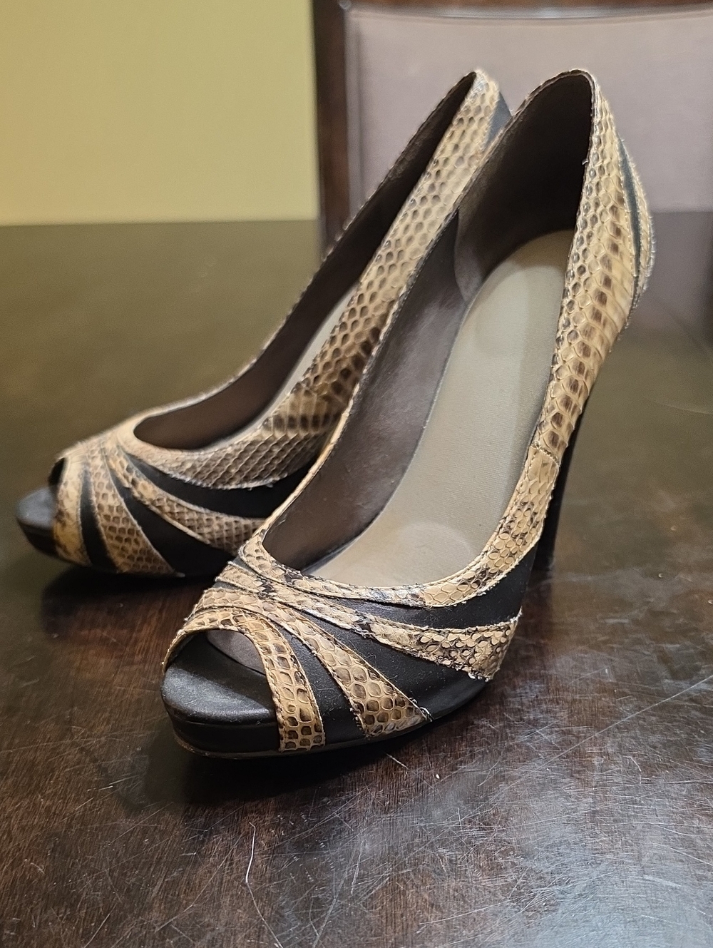 Aldo Snake-Print Peep Toe Pumps in Brown/Black and Tan